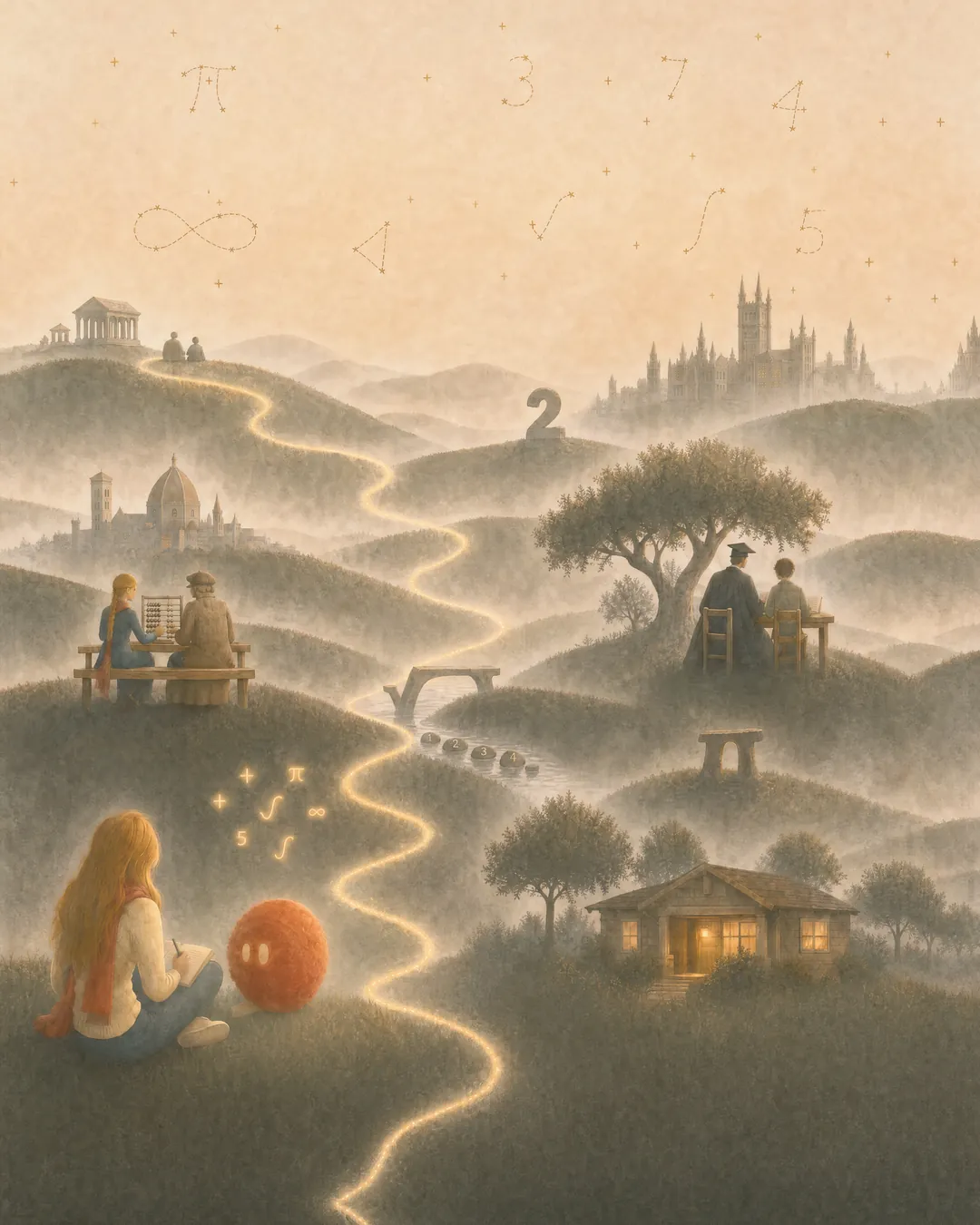 A teen with a coral scarf writes in a notebook on a misty hill, Sophie beside her. Behind them, tutors through history sit with their students, and a lit home waits below.
