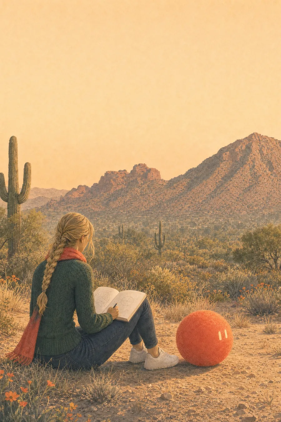 A high-school student in a coral scarf reads in the Sonoran Desert below Camelback Mountain, Sophie resting beside her