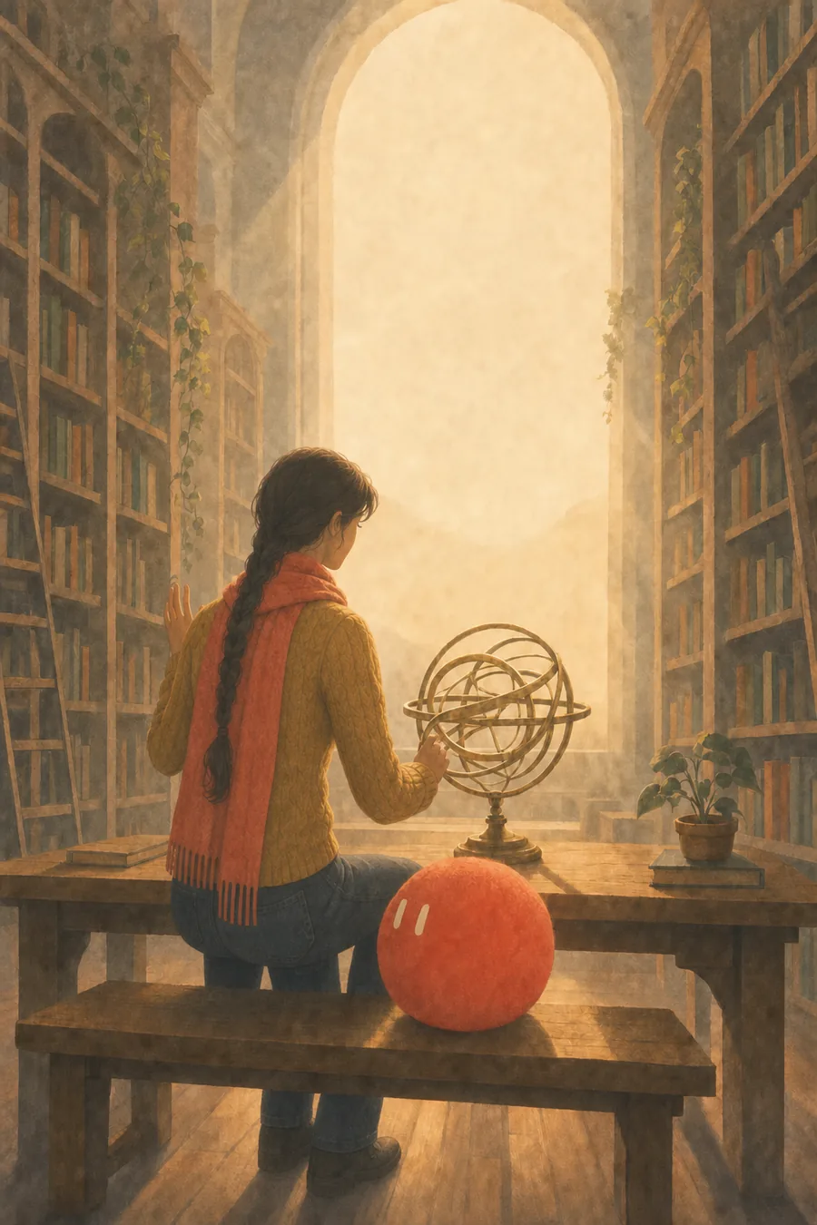 A girl in a yellow sweater raises her hand at a library table, Sophie sitting beside her on the bench