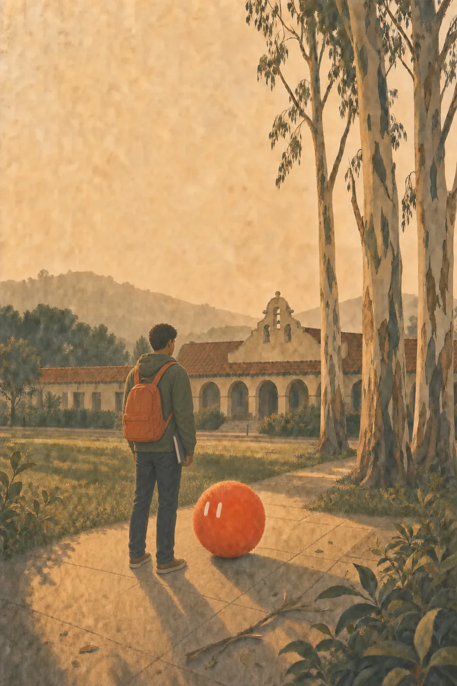 A high-school senior with an orange backpack stands by the Burlingame train station under the eucalyptus, Sophie beside him