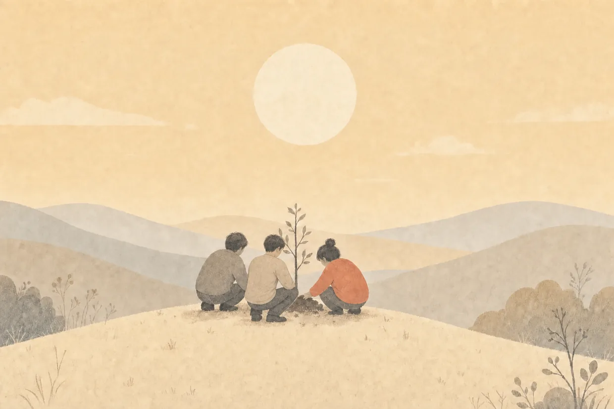 A few people planting and tending a young sapling together at dawn.