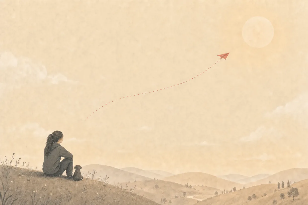 A child watching a paper airplane arc across a calm sky.
