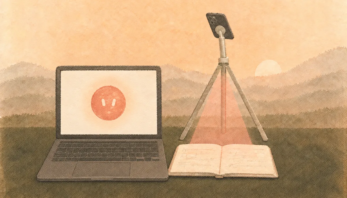 Sophie tutoring setup: a laptop showing Sophie next to a phone on a tripod that films the student's notebook