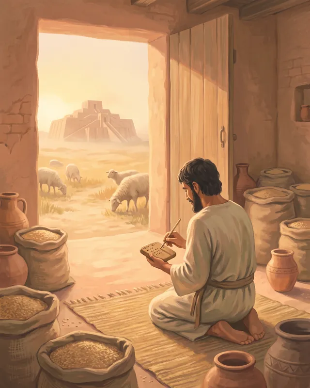 A scribe in Sumer kneels among sacks of grain and presses a reed into a clay tablet.