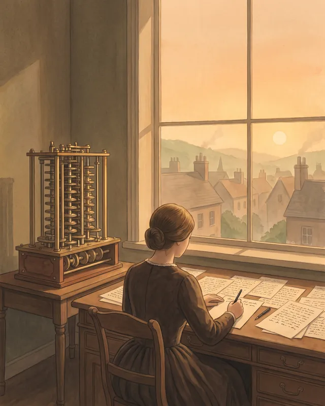 Ada Lovelace writes notes at a desk beside a brass calculating engine.