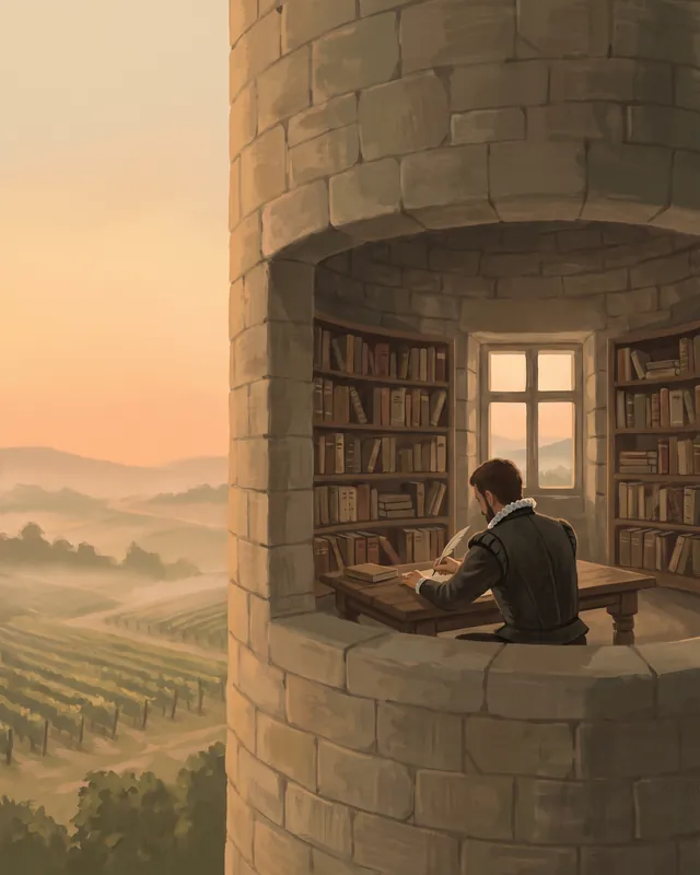 Montaigne writes with a quill in his round stone tower library above misty vineyards.