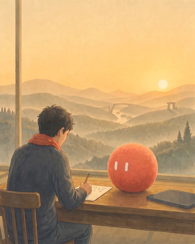A teenager writes with a pencil at a desk by a window, Sophie beside the page and a closed laptop pushed aside.