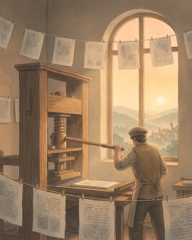 A printer pulls the lever of a wooden press while fresh pages dry on strings.