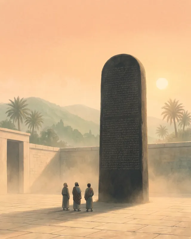Three small figures stand before a tall stone of carved laws in a sunlit courtyard.