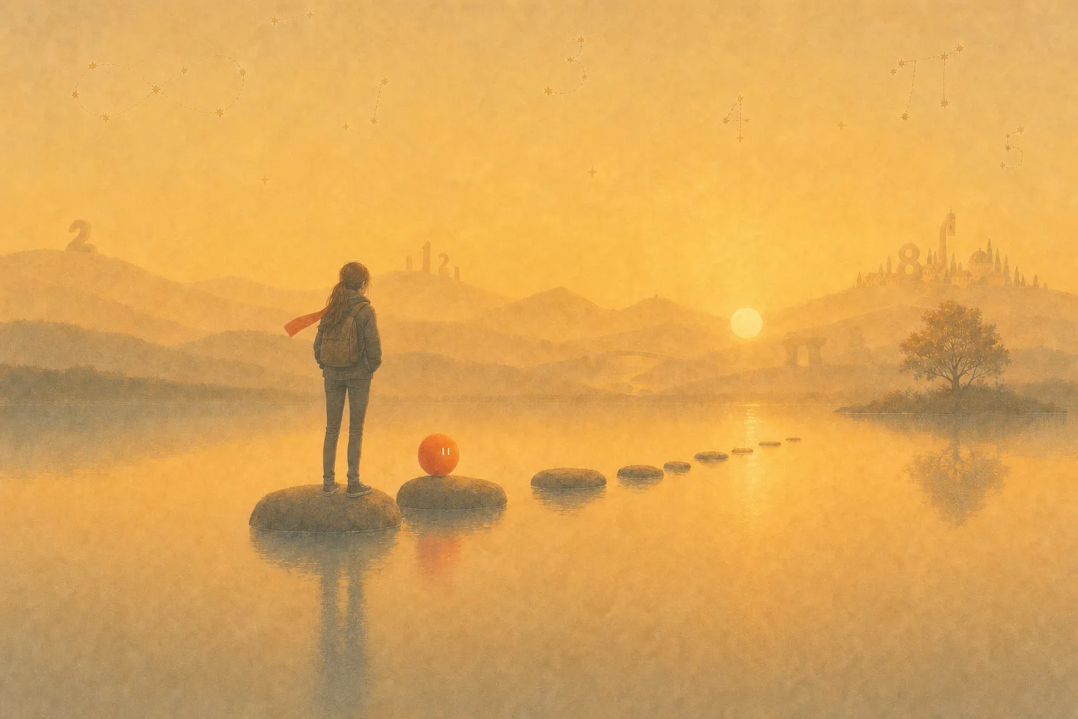 A student stands on stepping stones across a calm lake at sunset, Sophie on the next stone.