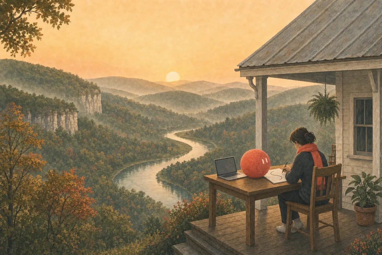 A teenager studies on a farmhouse porch above the misty Ozark hills, Sophie beside the paper.