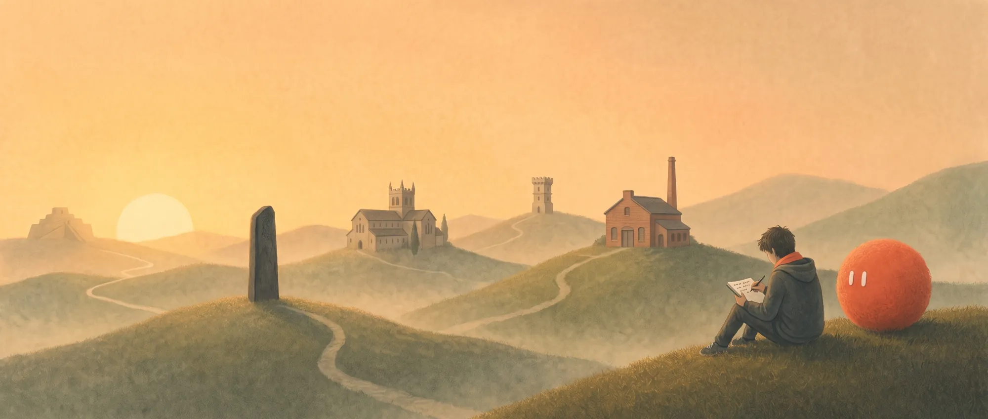 A painted landscape at golden hour. A path winds from a ziggurat on the far horizon past a stone of carved laws, a monastery, a round stone tower and a brick workshop, to a teenager writing in a notebook on the near hill, with Sophie beside them.