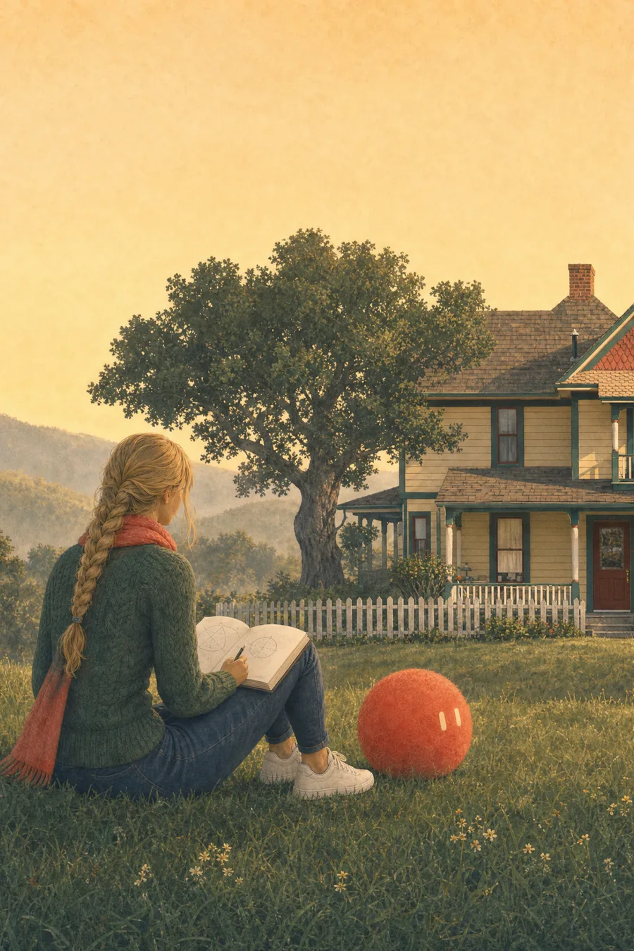A high-school student in a coral scarf reads on the grass in front of a farmhouse at golden hour, Sophie resting beside her