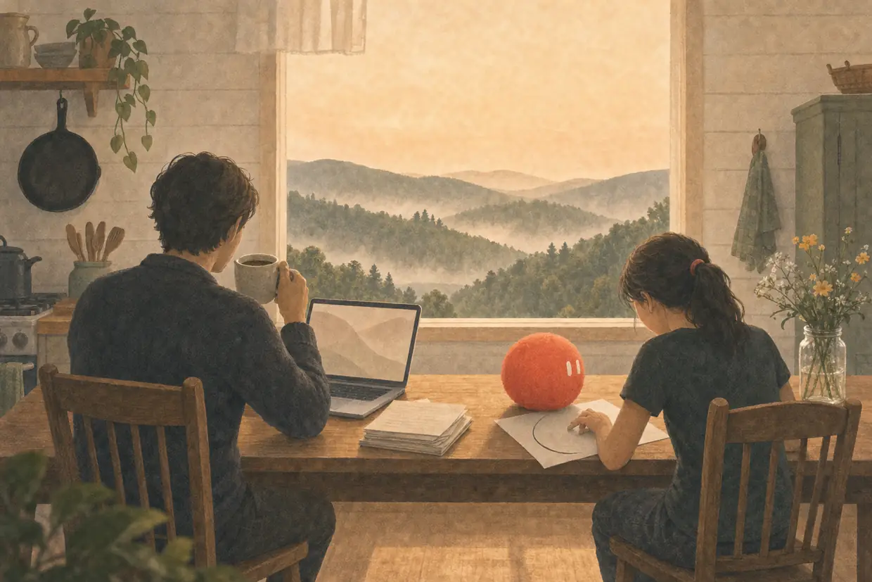 A parent at a farmhouse kitchen table with a laptop while their teenager works with Sophie.