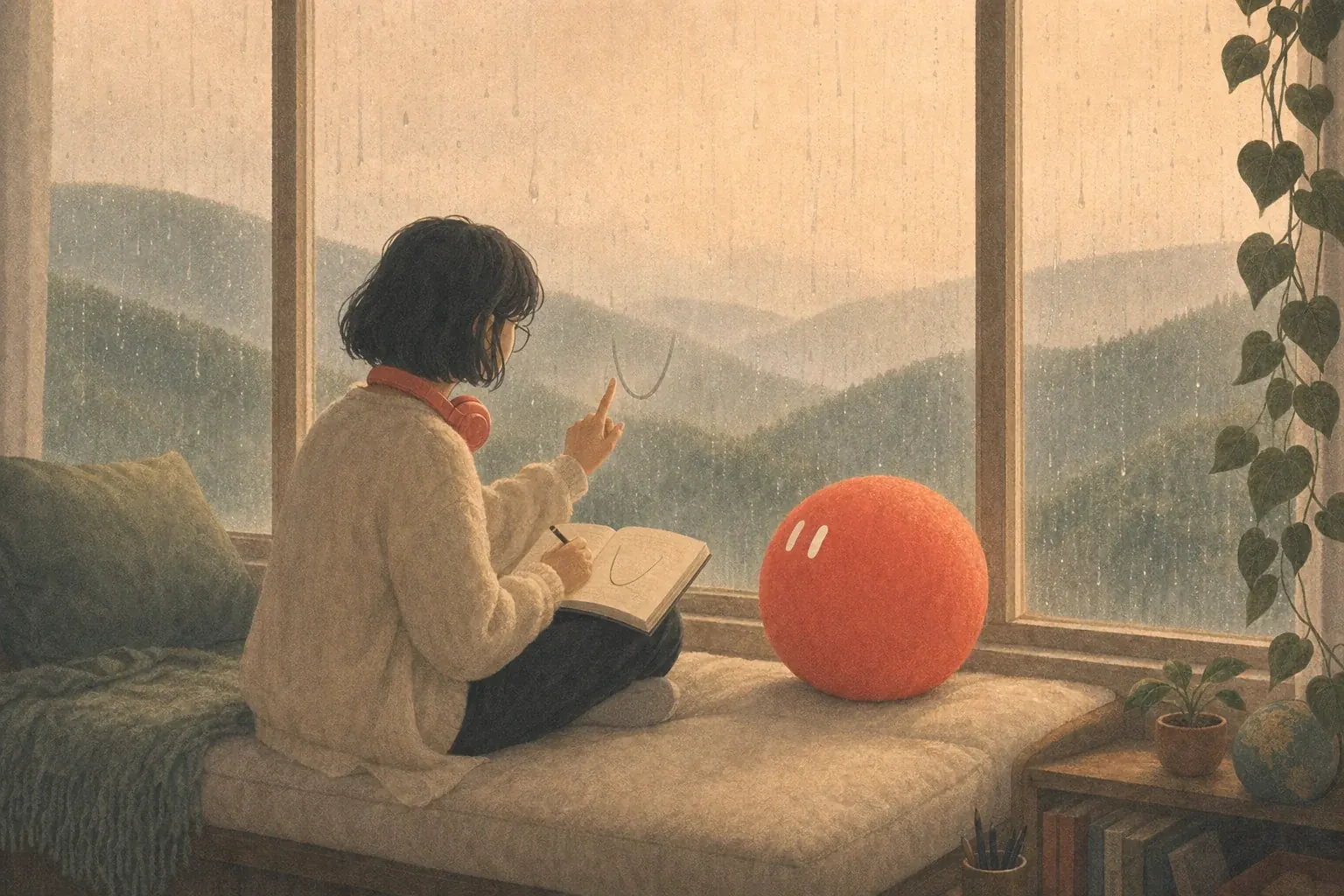 A teenager sits on a window seat writing in a notebook, Sophie resting beside her, rain on the window and hills outside.