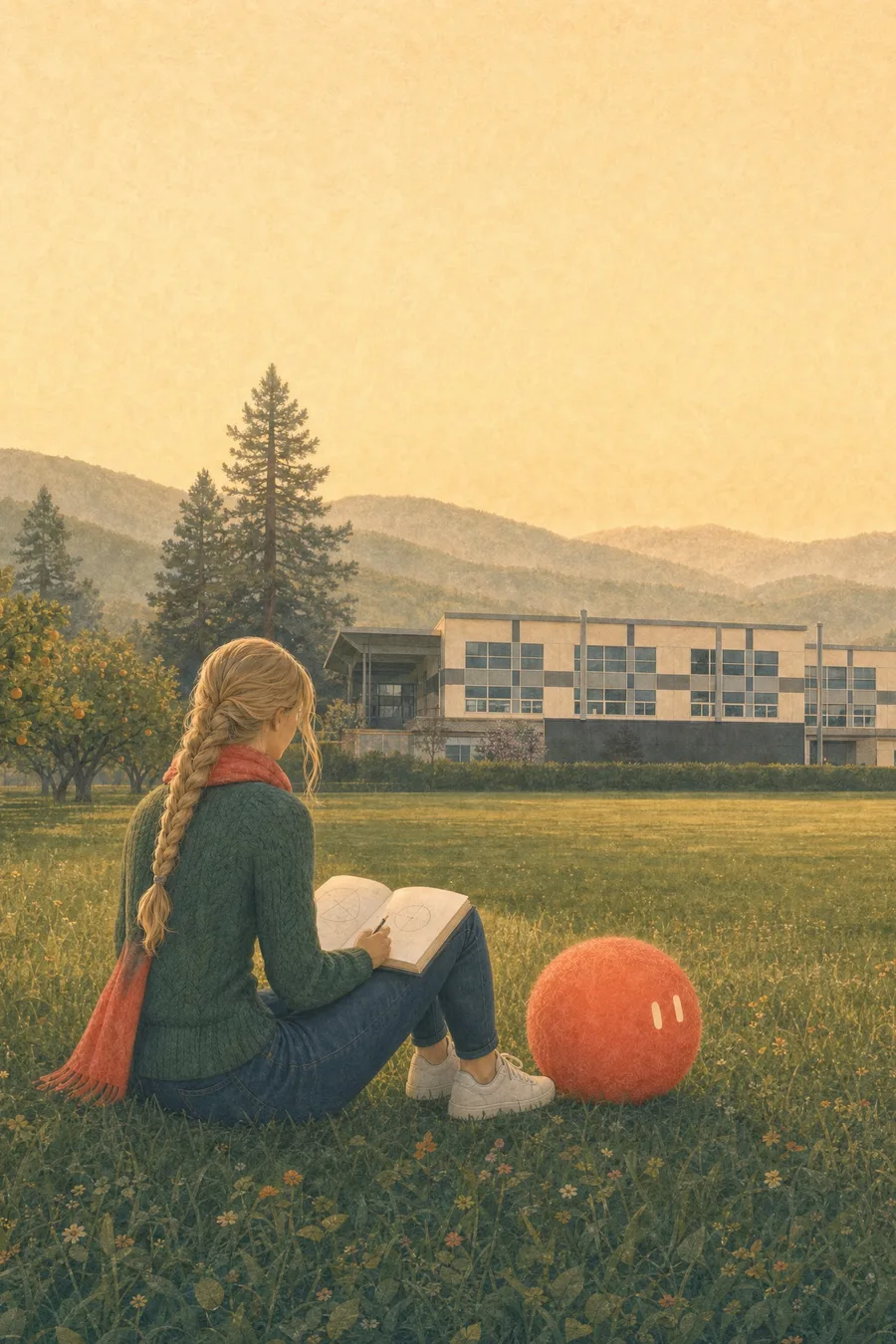 A high-school student in a coral scarf reads on the lawn in front of Los Altos High, Sophie resting beside her