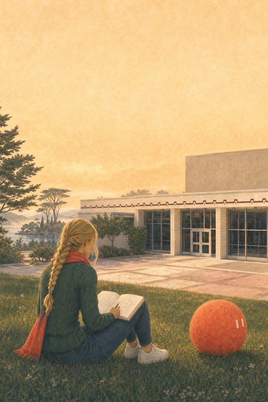 A high-school student in a coral scarf reads on the lawn in front of Lowell High, Sophie resting beside her