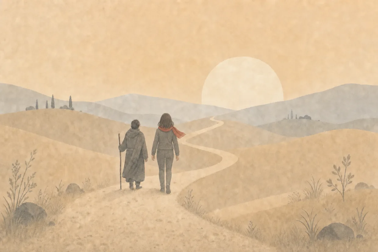 A guide and a child walking a gentle path toward a rising sun, the climb of understanding.