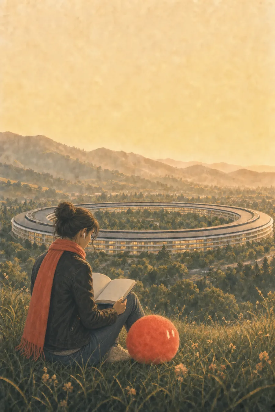 A high-school senior in an orange scarf reads on a Cupertino hillside above Apple Park, Sophie resting beside her
