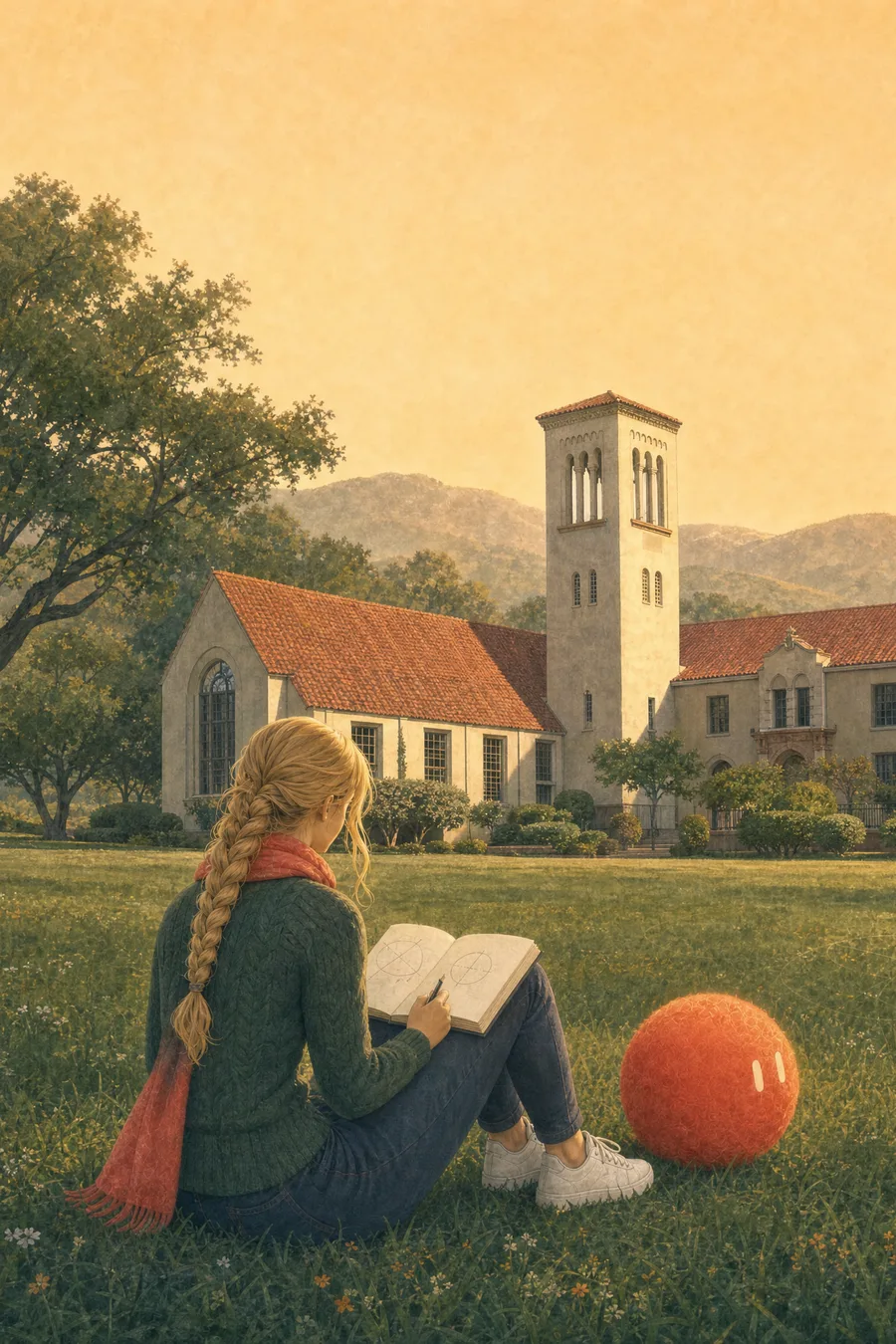 A high-school student in a coral scarf reads on the lawn below the Paly tower, Sophie resting beside her