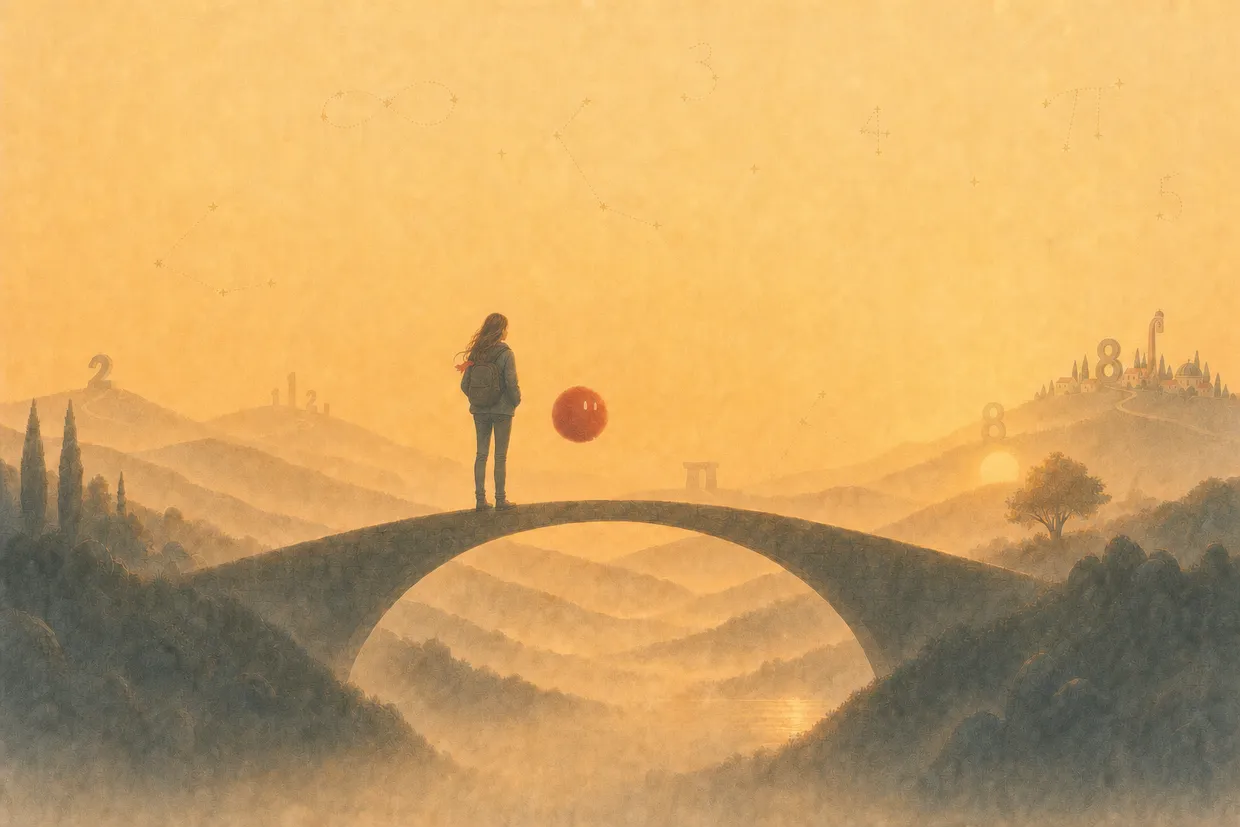 A teenager with a coral scarf stands on a stone bridge shaped like a parabola, Sophie floating beside her, misty hills behind.