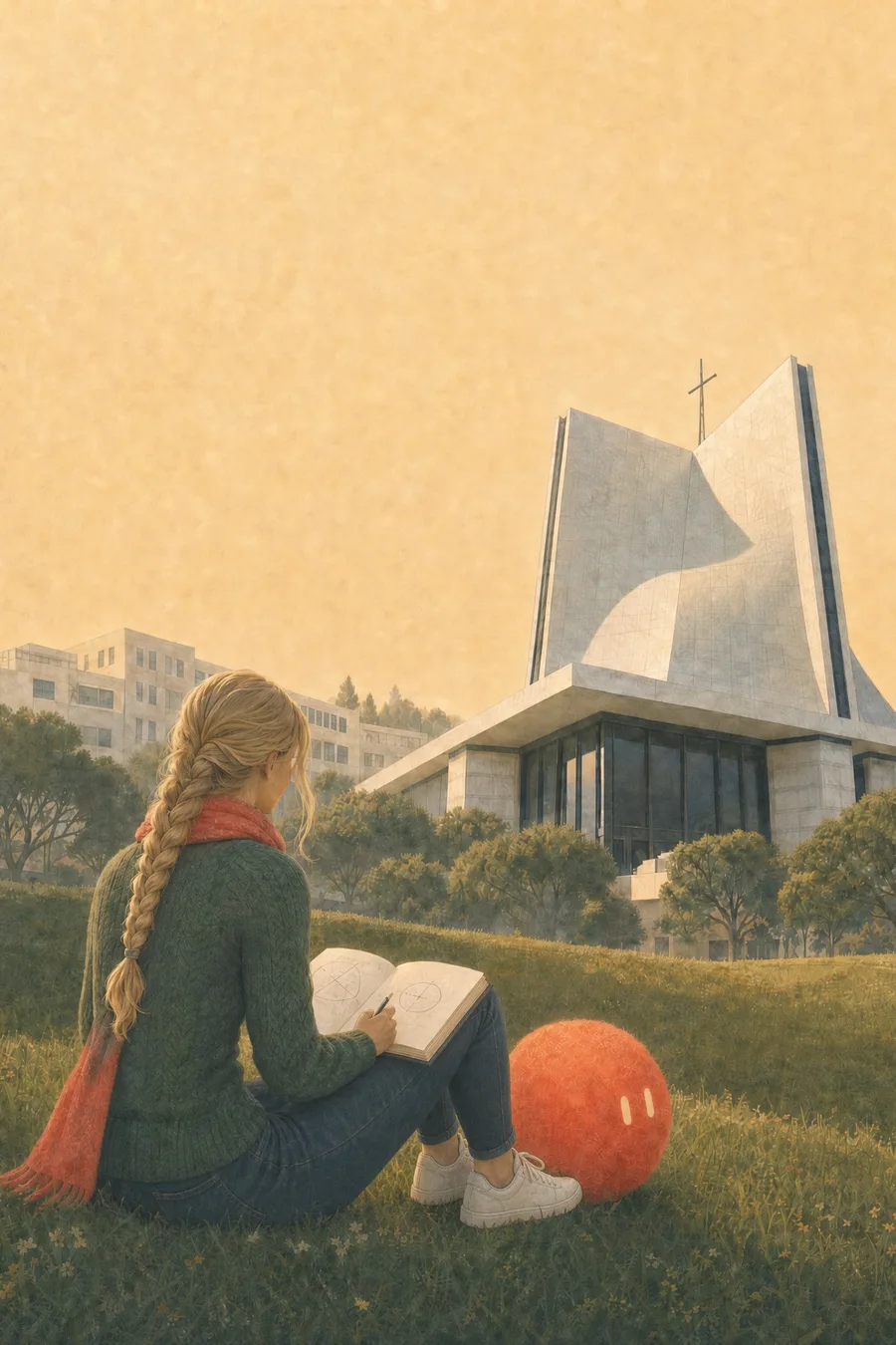A high-school student in a coral scarf reads on the grass near St. Mary's Cathedral, Sophie resting beside her