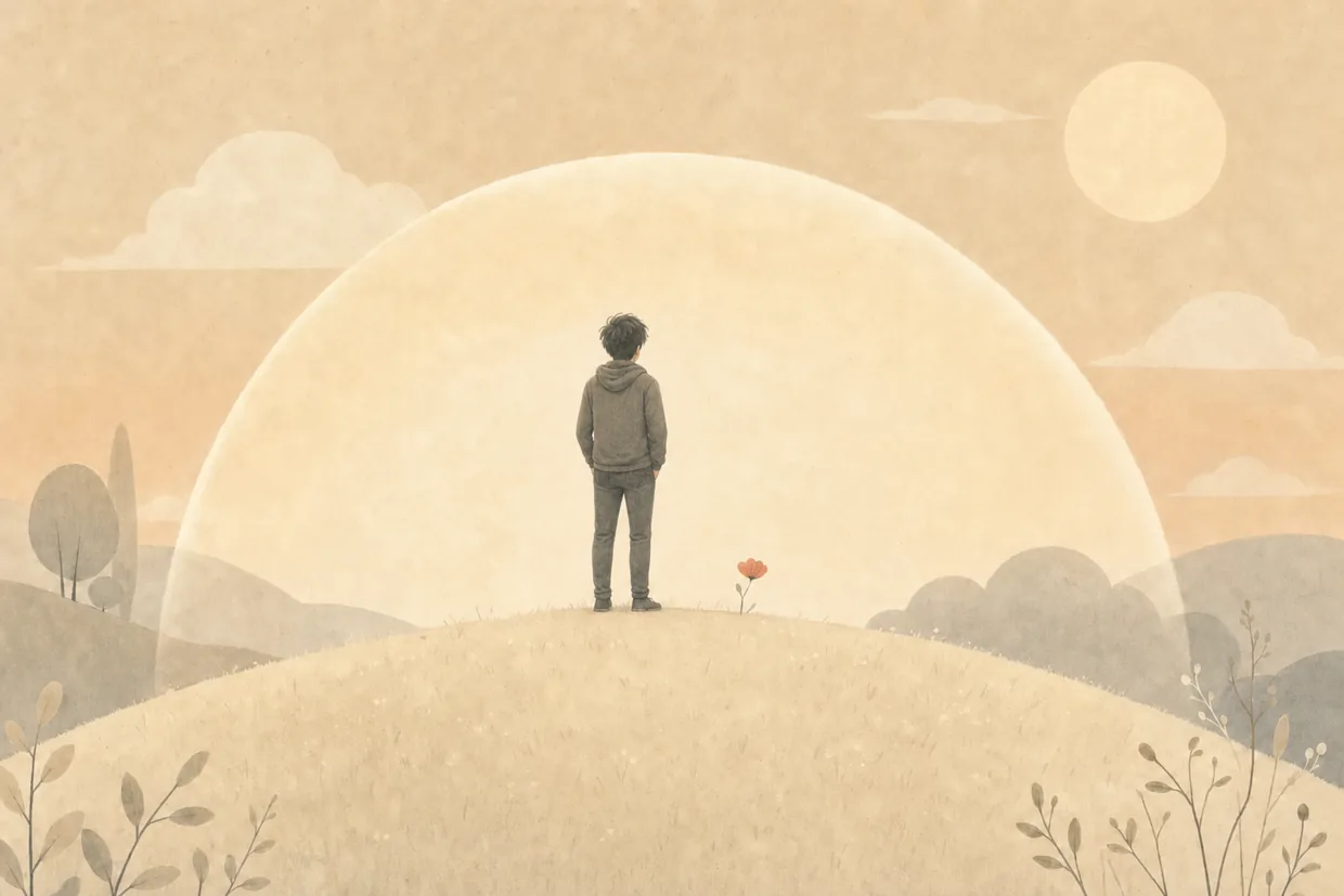 A child standing calm and safe on a hill under a soft, wide sun.