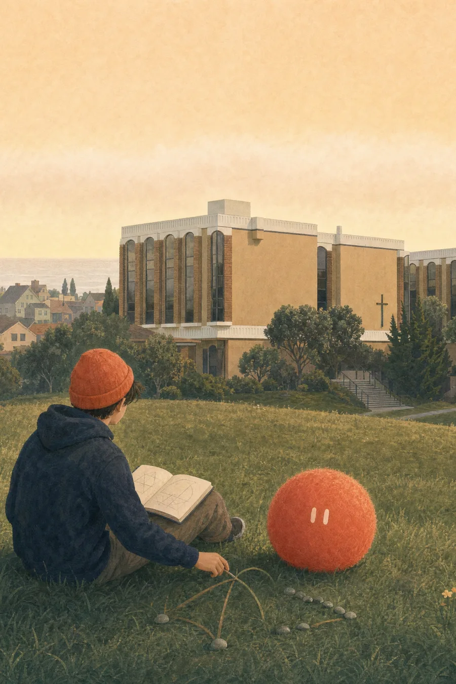 A high-school student in a coral beanie reads on a grassy slope below St. Ignatius, Sophie resting beside him