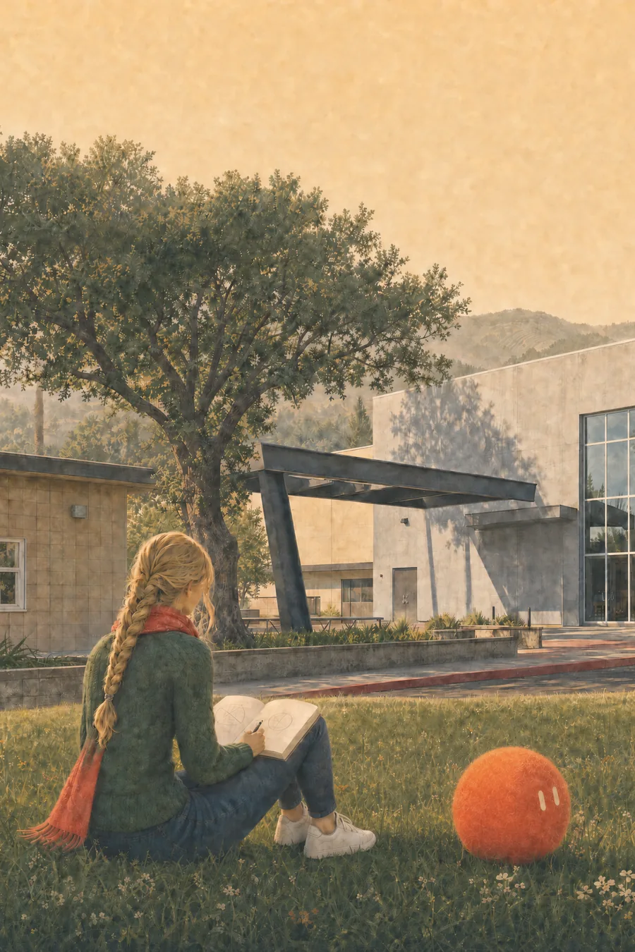 A high-school student in a coral scarf reads on the lawn in front of Saratoga High, Sophie resting beside her