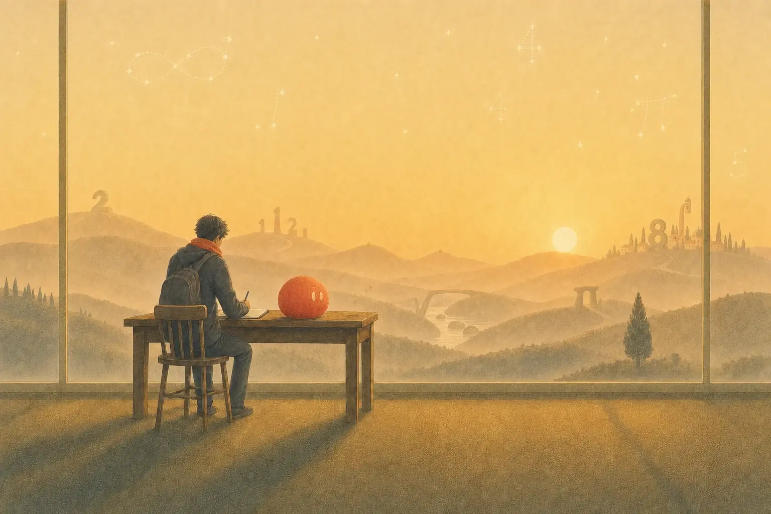 A student works at a desk by a tall window, Sophie beside them, as the sun sets over the hills.