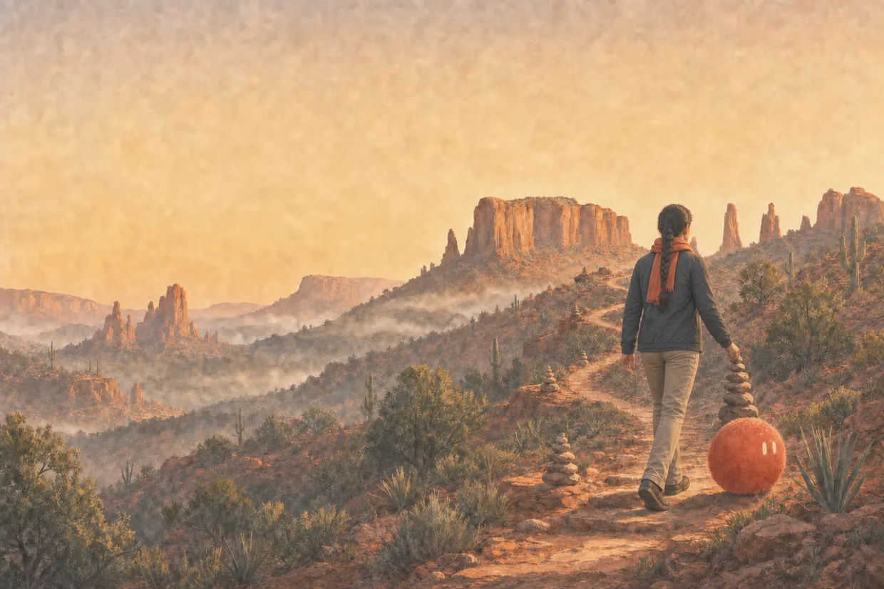 A teenager and Sophie walk a curving trail up a red-rock mesa at sunrise.