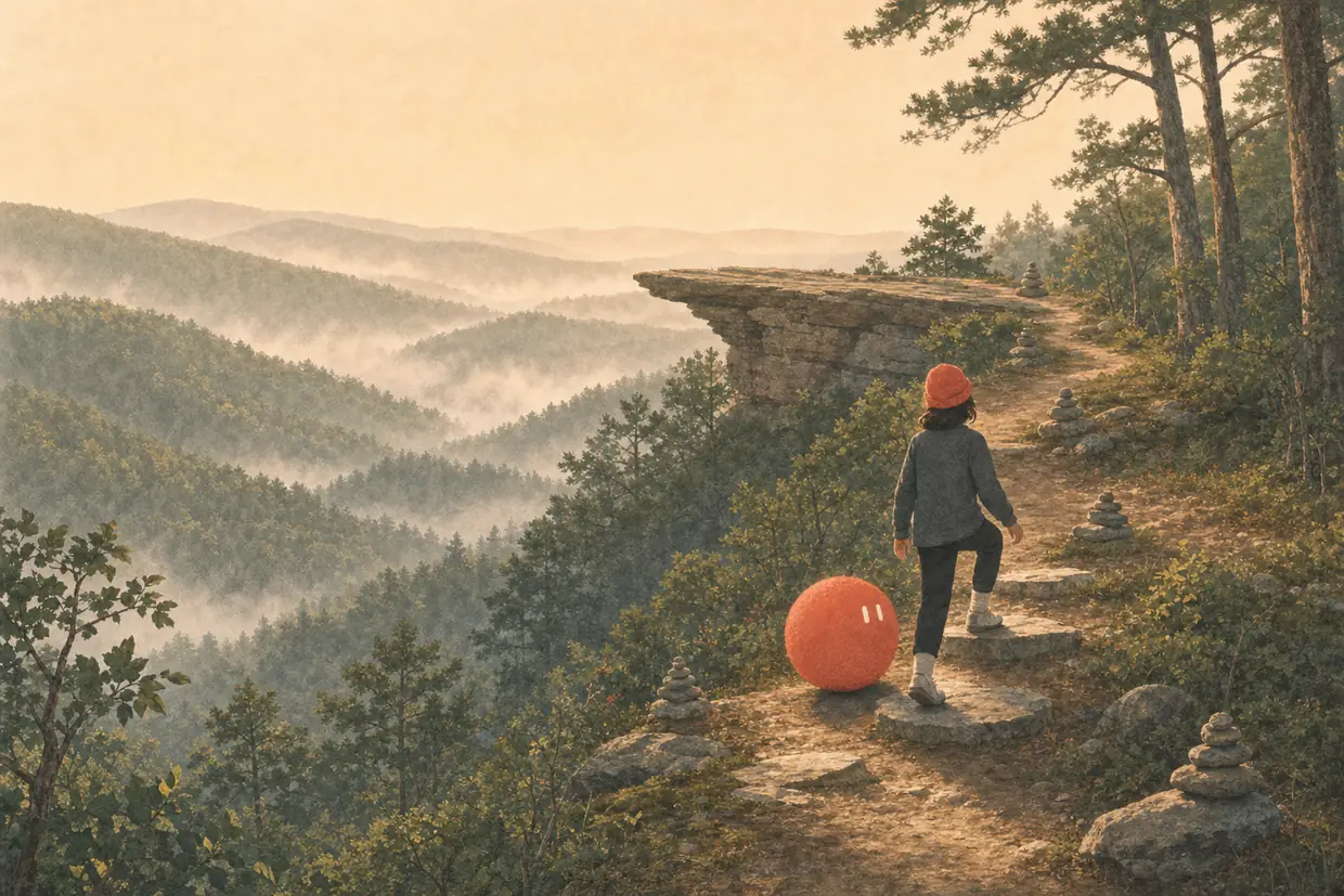 A teenager and Sophie walk a curving forest trail up to an Ozark bluff at sunrise.