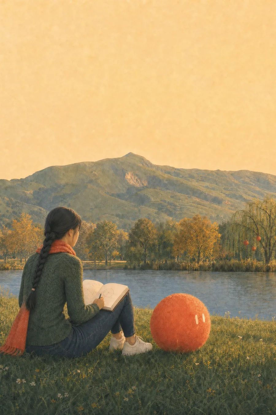 A high-school student in a coral scarf reads by Lake Elizabeth under Mission Peak, Sophie resting beside her