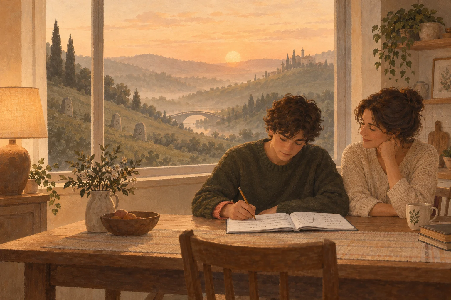 A parent sits beside a teenager writing in a notebook, in a quiet kitchen at sunset.