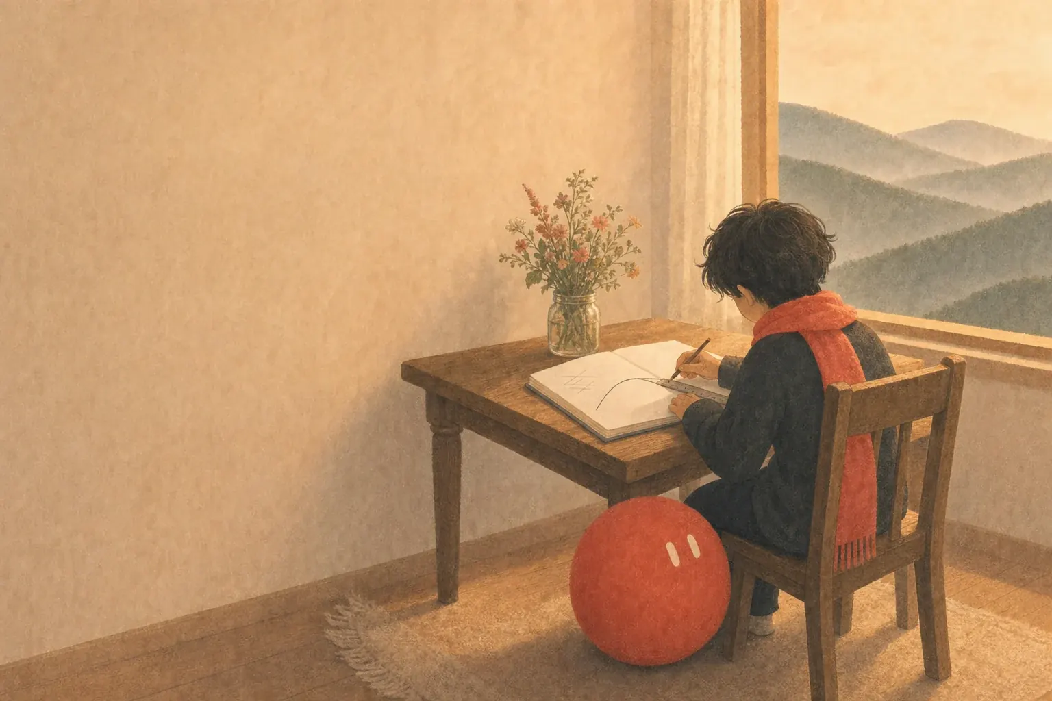 A teenager writes at a wooden desk by a window with hills outside, Sophie resting on the floor beside the chair.
