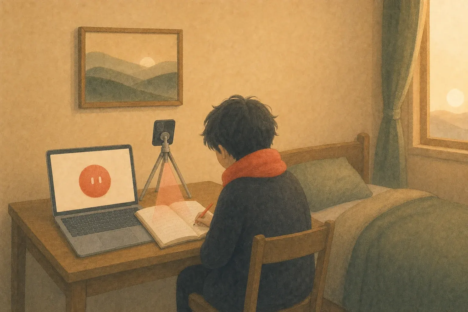 A teenager works at a desk in their bedroom, a phone on a small stand above the notebook, Sophie on the laptop screen.